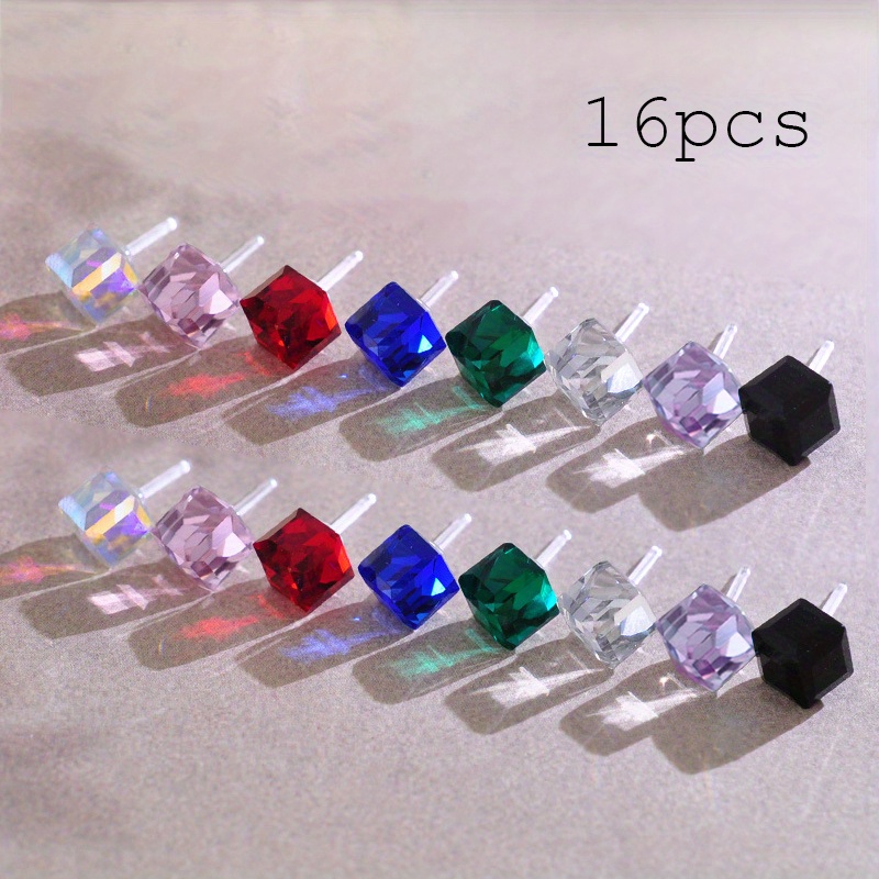 16pcs Crystal Stud Earrings Set, Plastic Post, Sensitive Ears